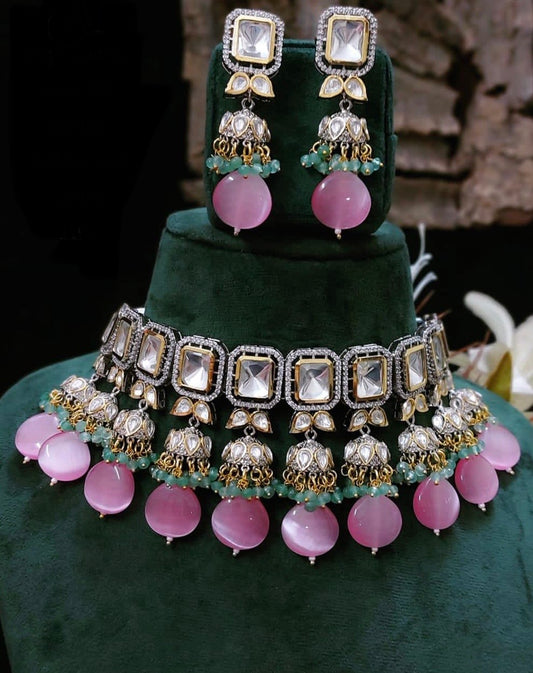 Pink n Green Uncut Kundan